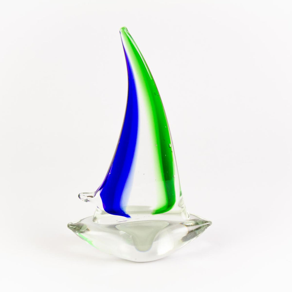 Glass Sailing Boat, green/blue, 22cm