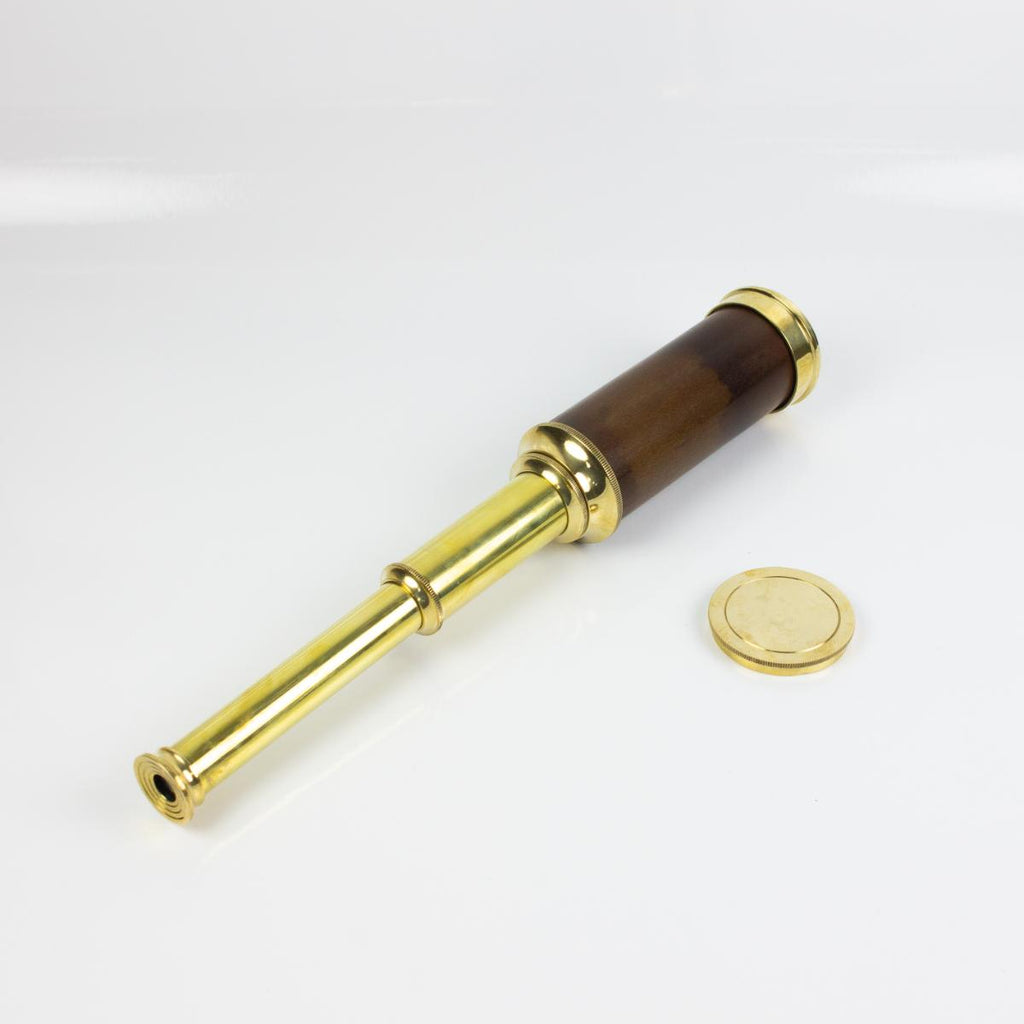 Brass telescope with wood veneer finish