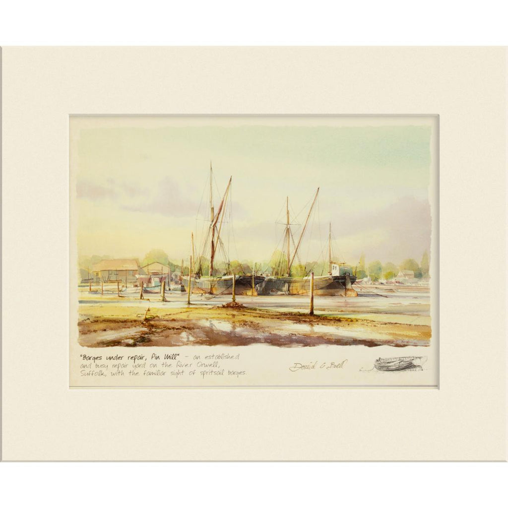 David Bell Barges at Pin Mill, signed mounted print, 26x21cm