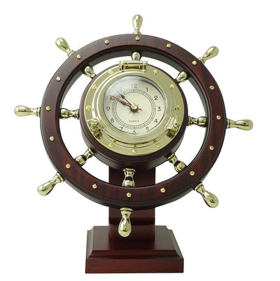 Brass 'Helmsman' Rotating Ship's Wheel Clock  - from Nauticalia
