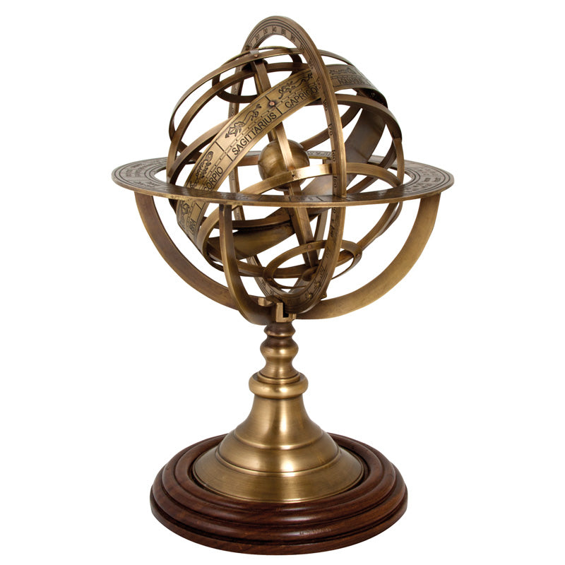 Armillary Sphere in Antique Brass with Polished Wooden Base - from Nauticalia