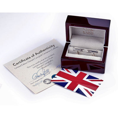 Official limited-edition Donald Campbell Centenary Cufflinks in sterling silver containing aluminium from Donald Campbell’s Bluebird K7 - from Nauticalia